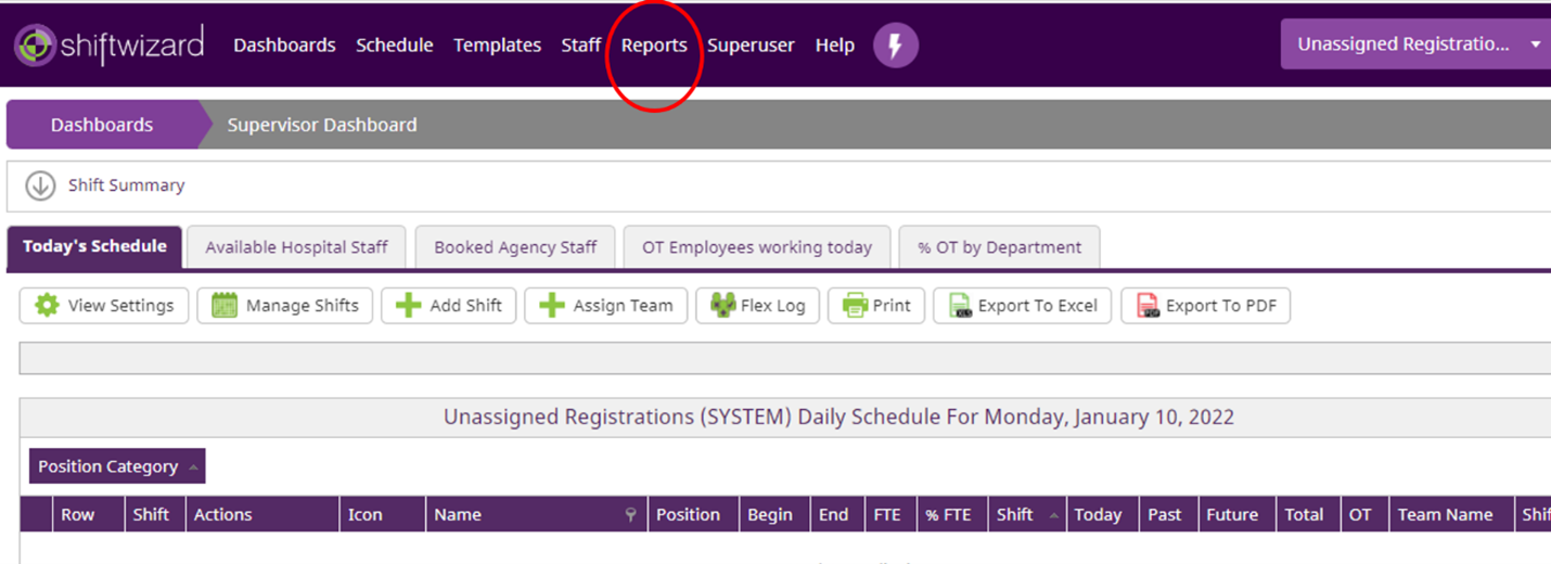 click the reports tab